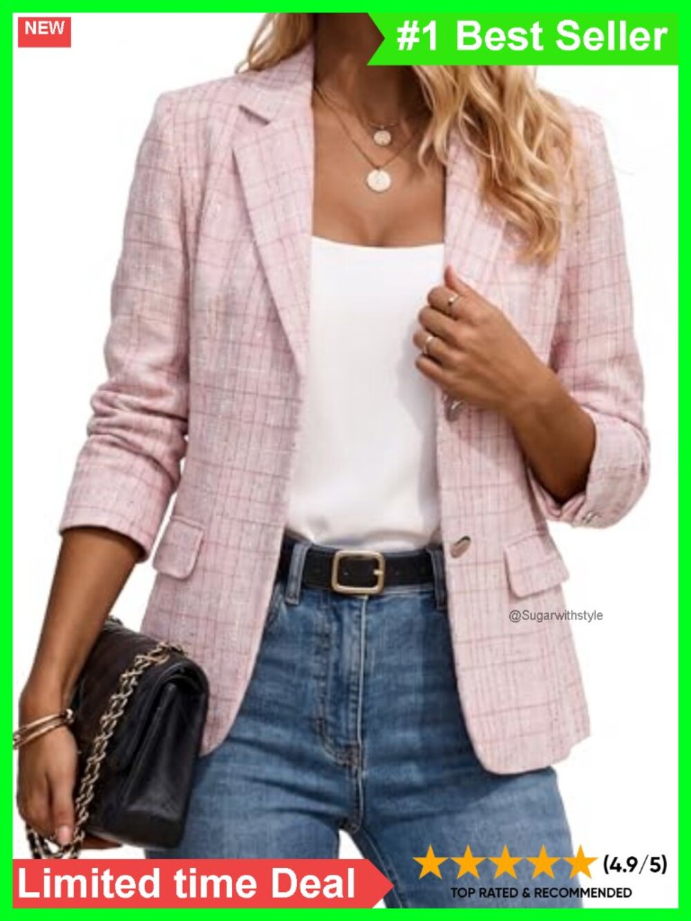 Tweed Blazer Jacket Plaid Sequin Long Sleeve Tailored Blazer